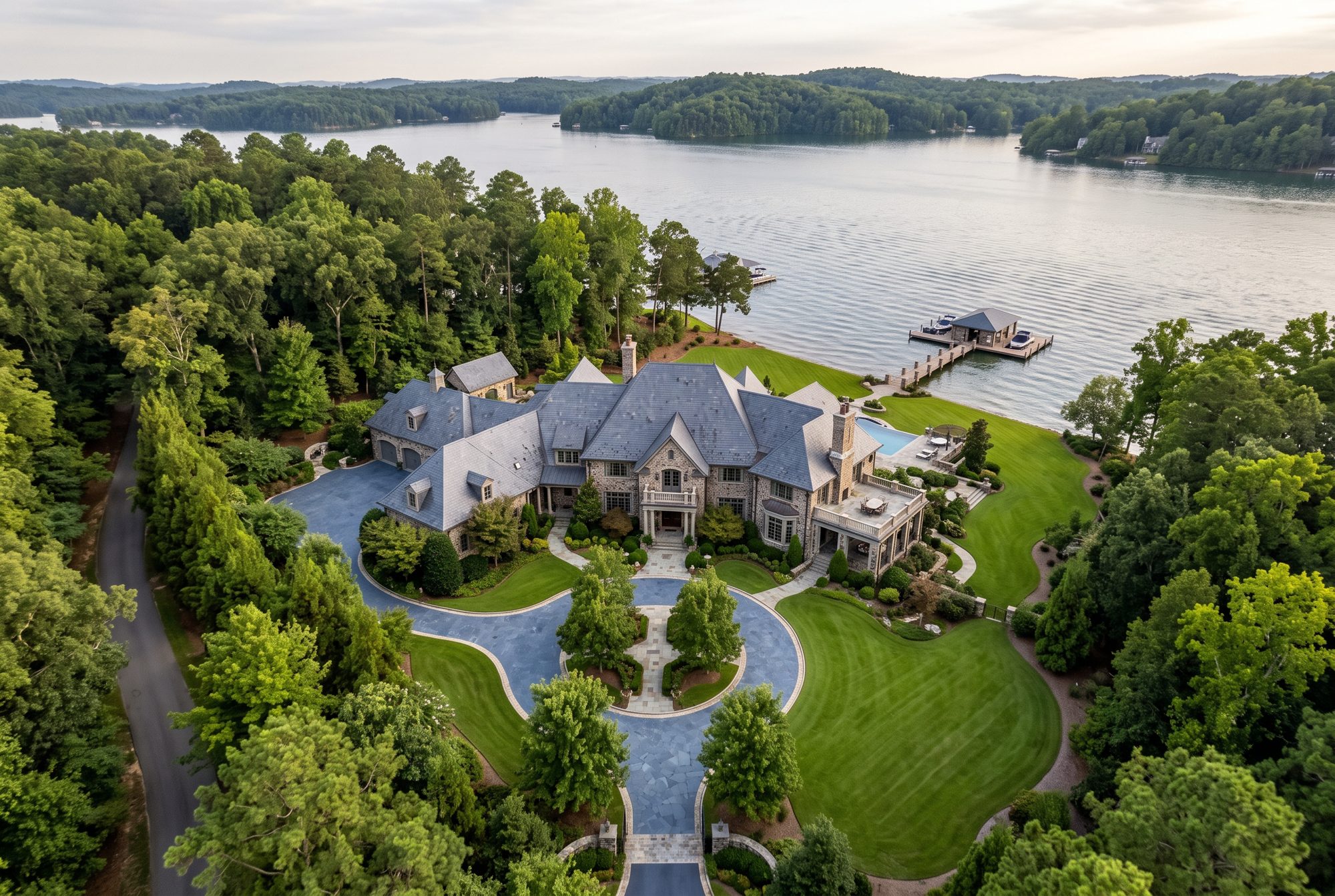 Aerial view of a lakefront estate