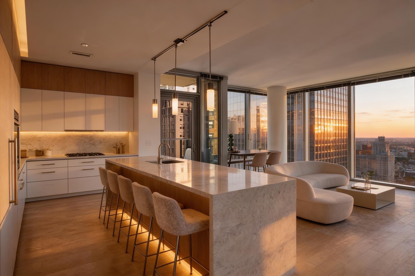 High-rise kitchen at sunset