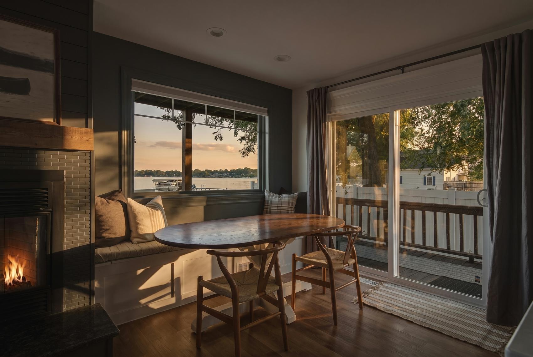Lakeside dining nook at golden hour