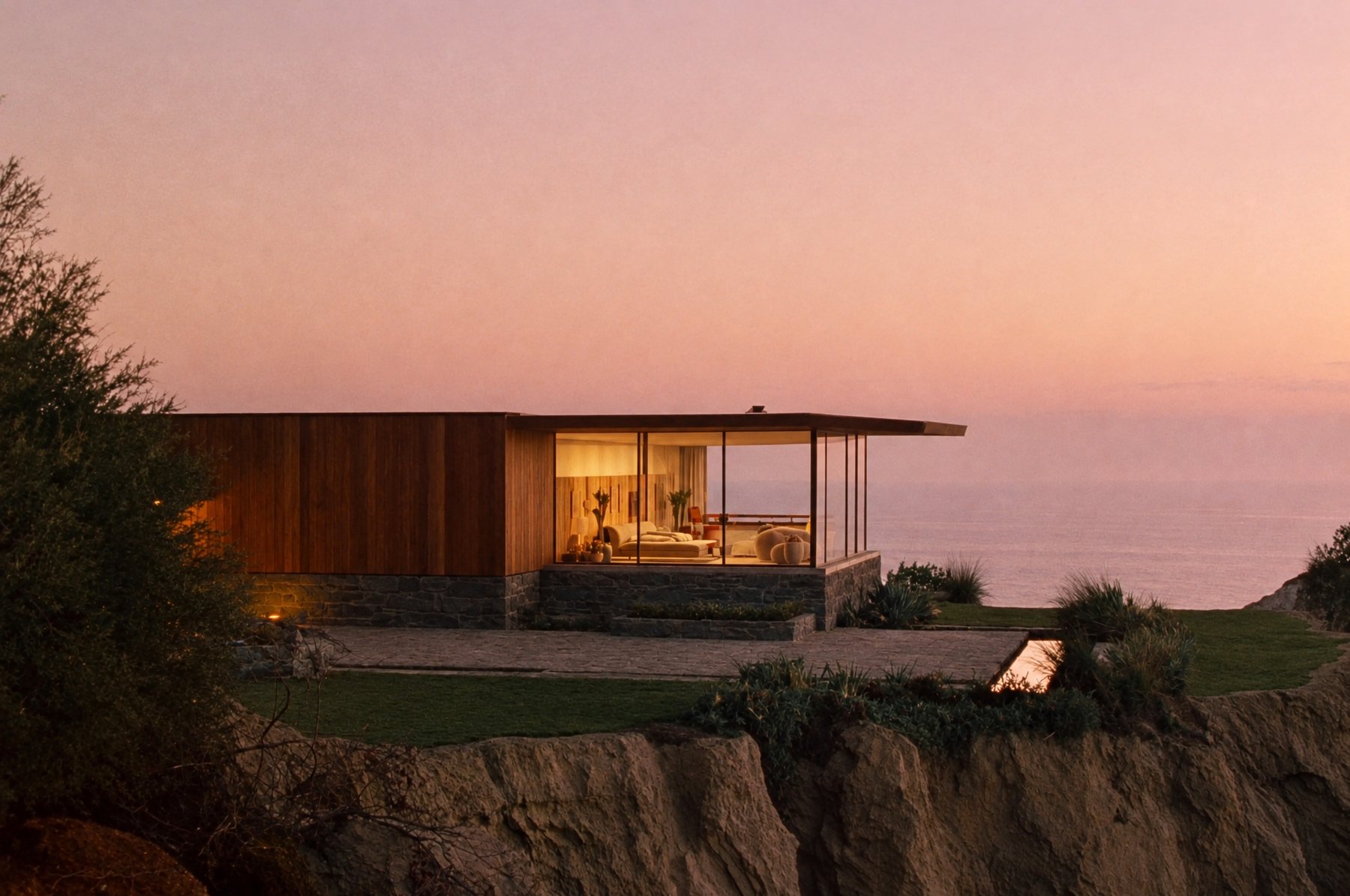 Modernist Malibu bluff-top home at sunset