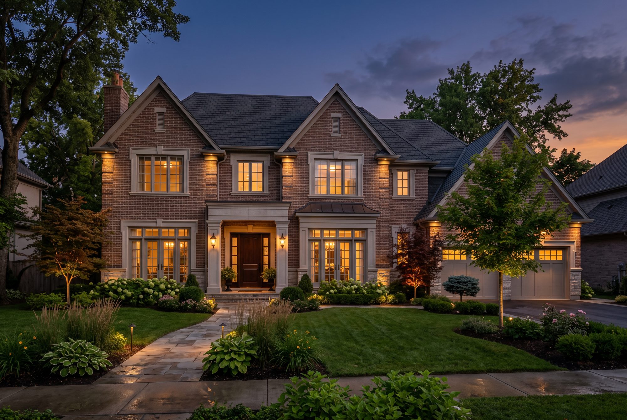 Twilight exterior of a luxury home
